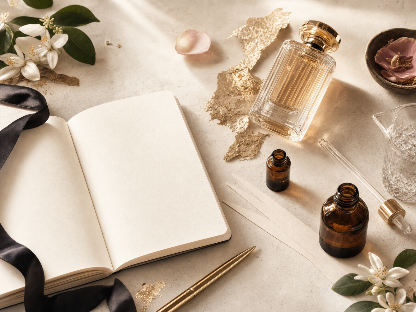 Caderno aberto com frasco, vidros de essência, fitas olfativas e caneta dourada em mesa editorial clara.